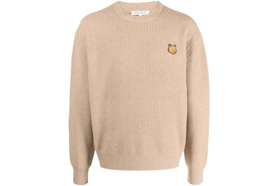 Maison Kitsune Tonal Fox Head Patch Comfort Ribbed Jumper Beige Mel