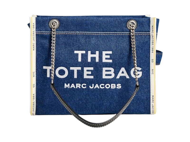 Pre-owned Marc Jacobs Women's  The Denim Chain Medium Tote Bag In Dark Wash In Blue