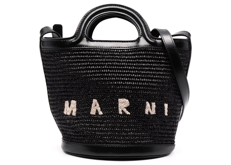 ★MARNI★ Mini Tropicalia Bucket Bag Black SCMP0056Q1P386000 Tropicalia Small Bucket Bag in black leather and raffia