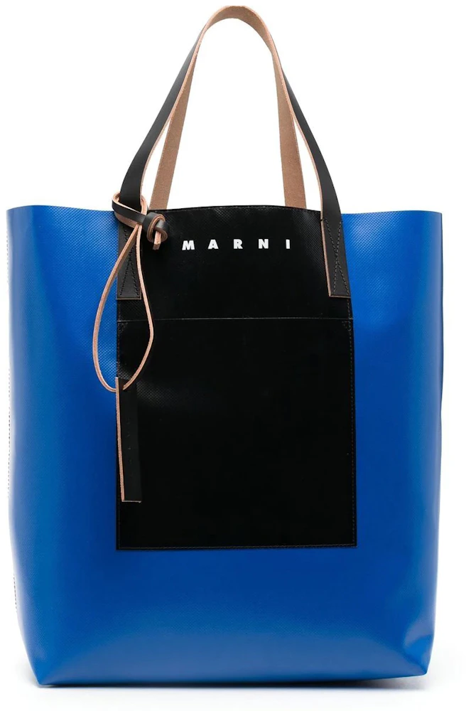 Marni Two Tone Logo Print Tote Bag Royal Blue/Black in Calfskin Leather ...