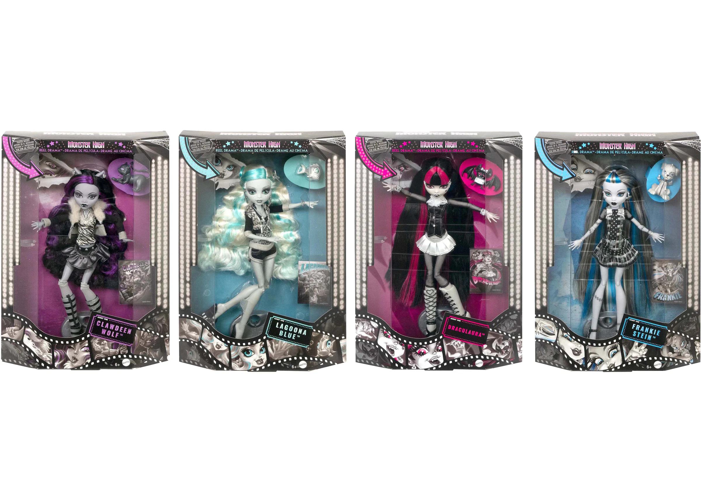 Mattel Monster High Reel Drama Clawdeen Wolf / Lagoona Blue / Draculaura /  Frankie Stein Doll Set - FW22 - US