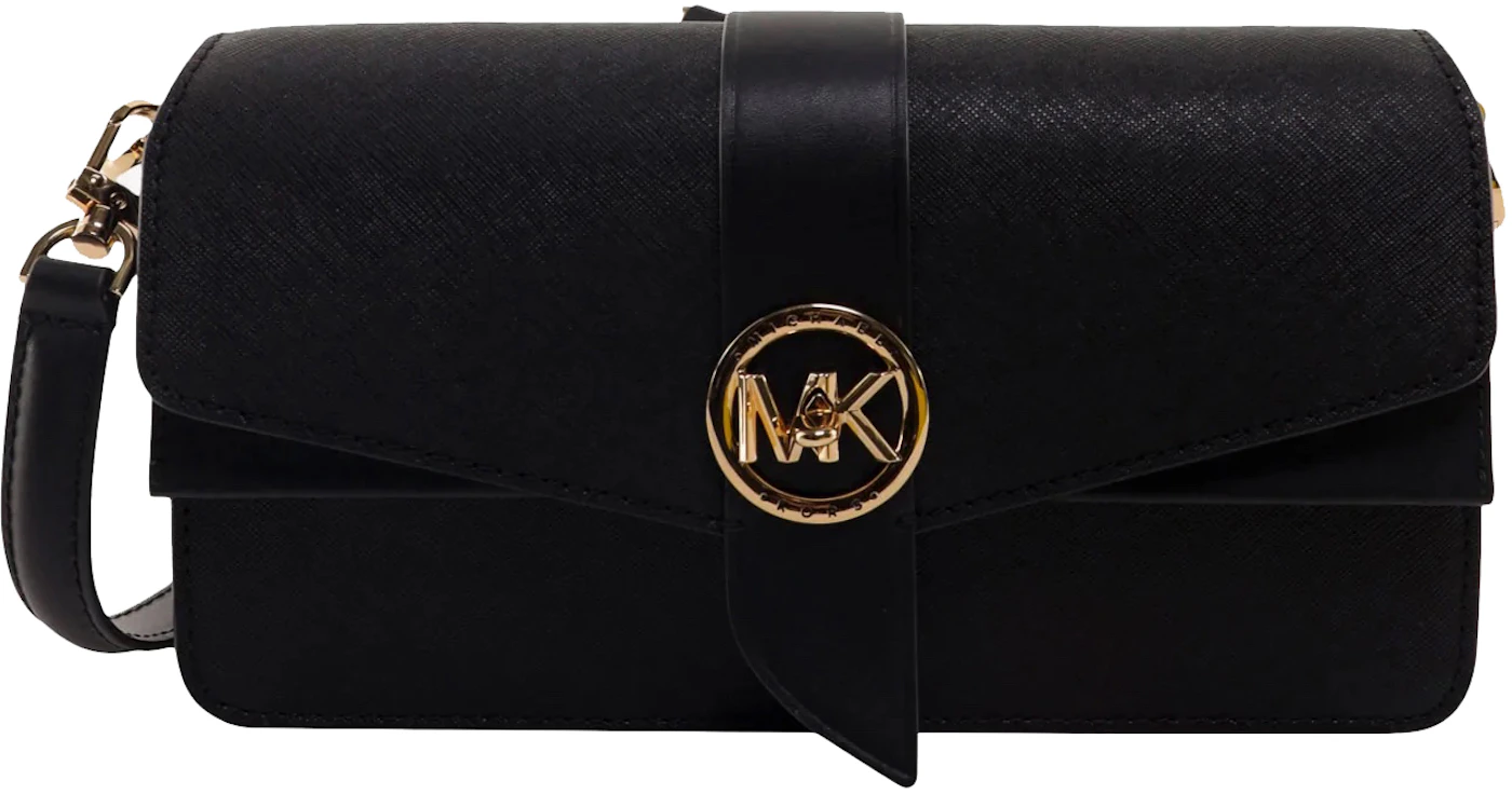 Michael Kors Greenwich Leather Shoulder Bag With Frontal Monogram Black in  Leather with Gold-tone - US