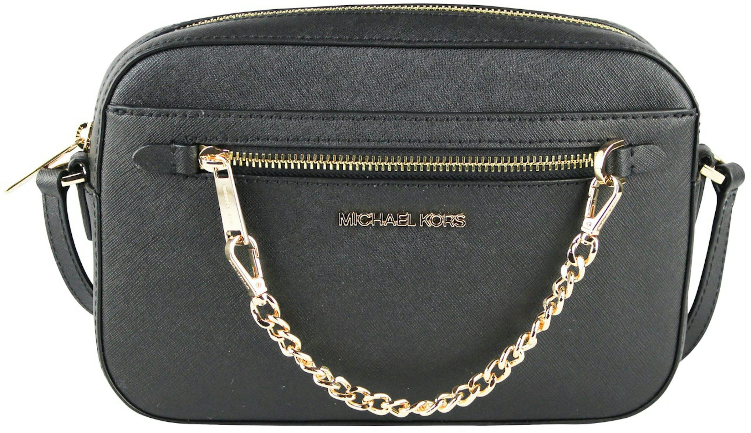 Michael Kors Jet Set Large Zip Chain Crossbody Bag Shoulder Black Leather Gold