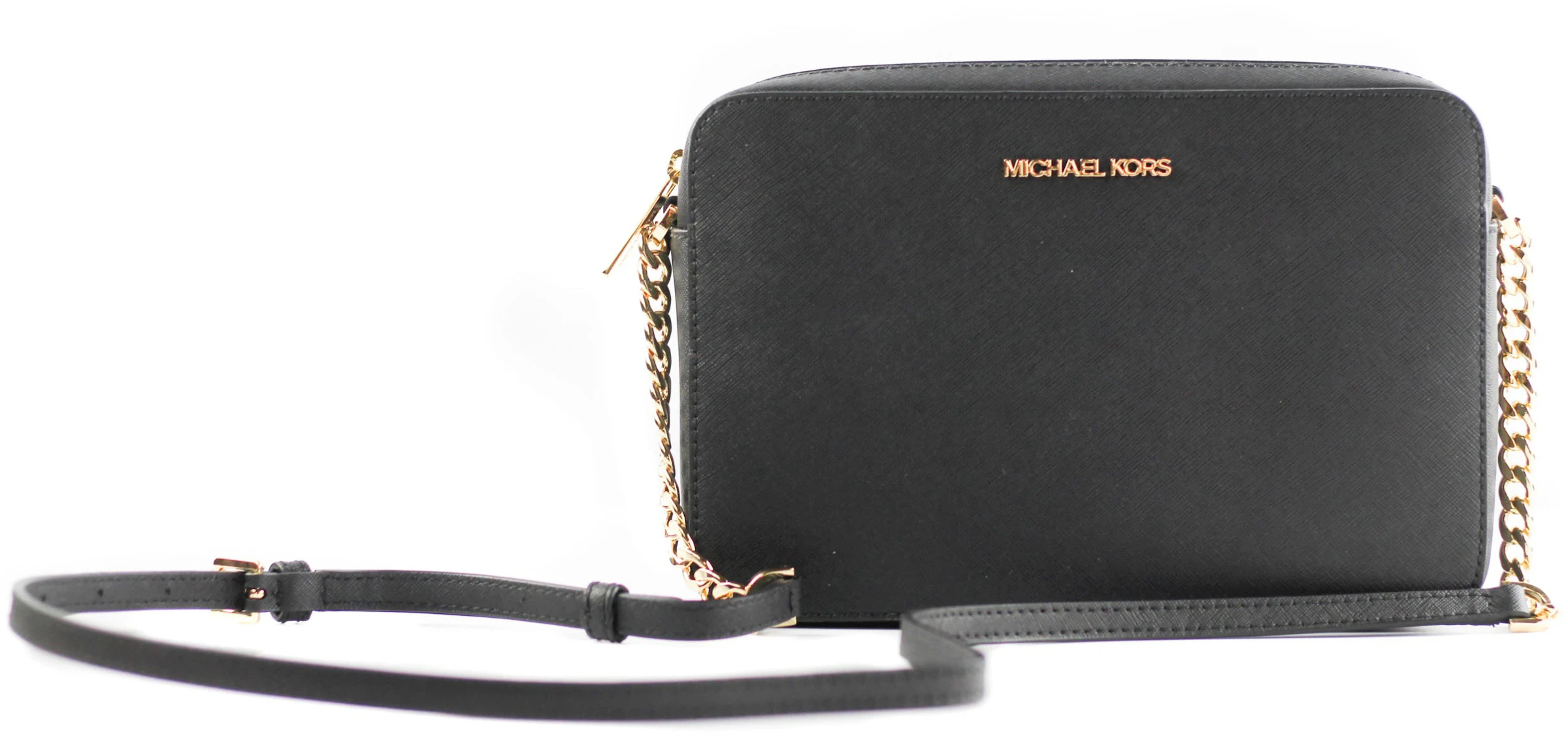 Michael Kors Jet Set East West Crossbody Bag Large Black/Gold in  PVC/Leather with Gold-tone - US