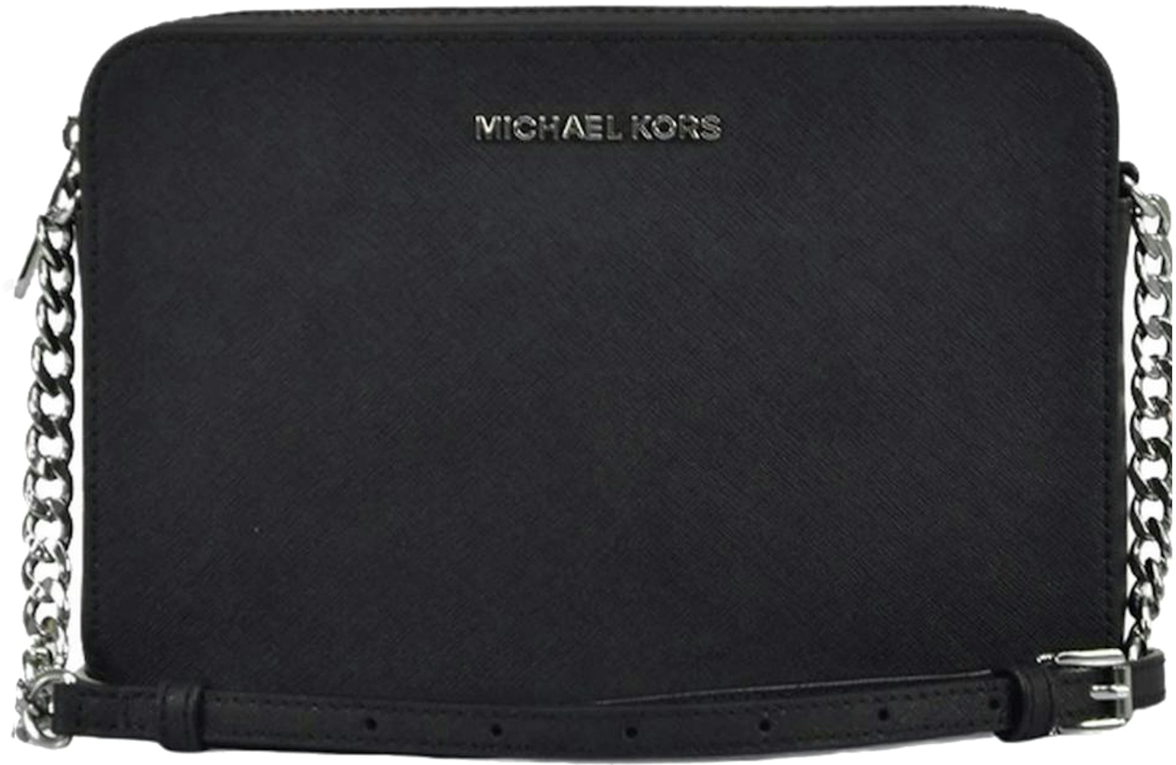 Michael Kors Jet Set East West Crossbody Bag Large Black in Saffiano Leather  with Silver-tone - GB