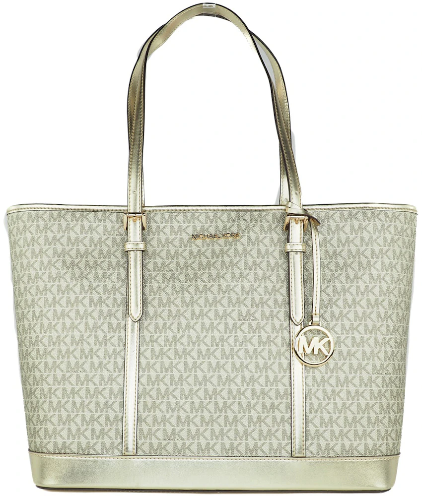 Michael Kors Jet Set Top Zip Tote Bag Large Pale Gold in PVC/Leather ...
