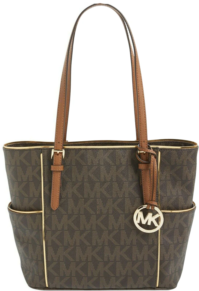 Michael Kors Jet Set Tote Bag Medium Brown in Coated Canvas with Gold ...
