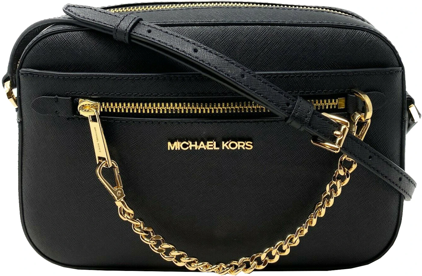 Michael Kors Jet Set Item Crossbody Bag Saffiano Leather Black Gold