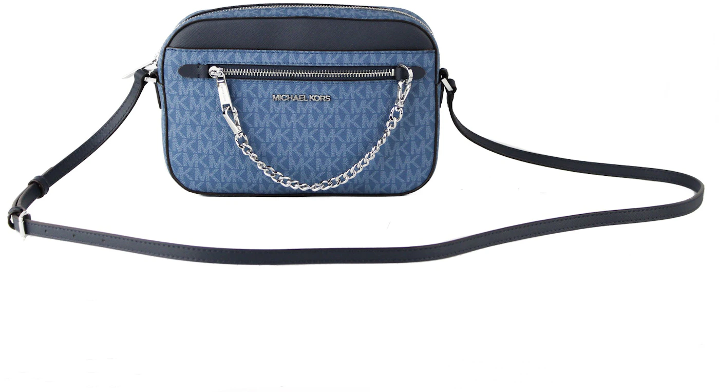 Michael Kors Jet Set Zip Chain Crossbody Bag Large Dark Chambray in PVC/ Leather with Silver-tone - US