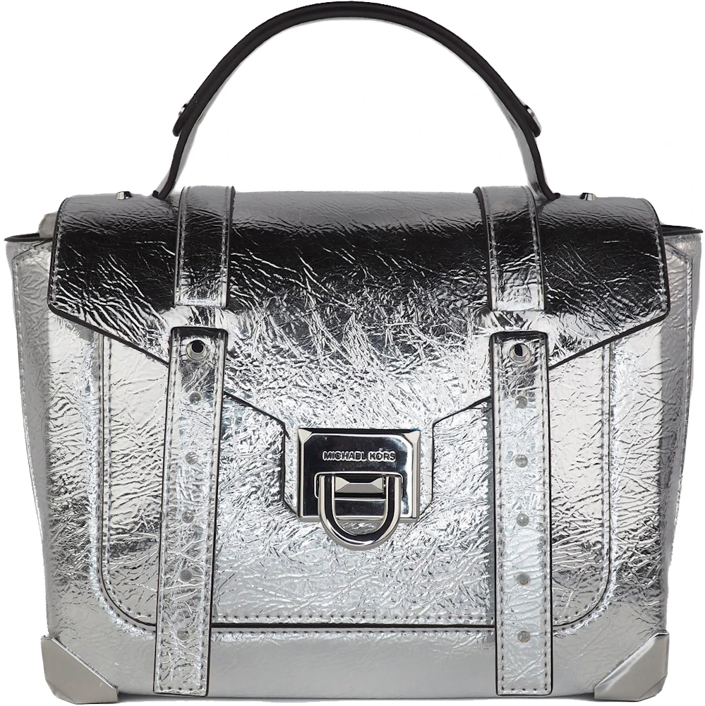 Michael Kors Manhattan Top Handle Bag Medium Silver in Leather with  Silver-tone - US