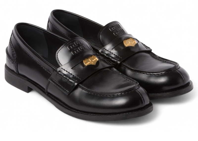 Pre-owned Miu Miu Brushed Leather Penny Loafers (women's) Sneakers In Black