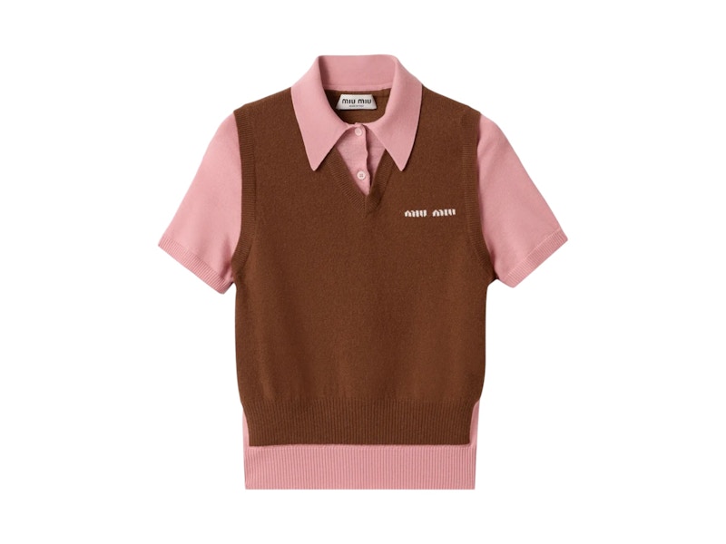 Pre-owned Miu Miu Women's Cashmere Wool Polo Shirt Sweater In Tobacco/pink