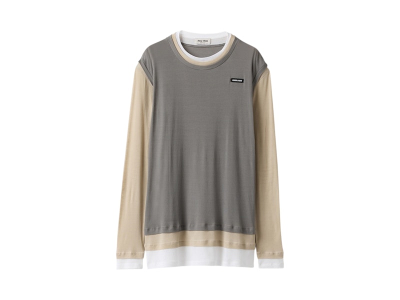 Pre-owned Miu Miu Women's Layer Jersey Top In White/pumice/lead Grey