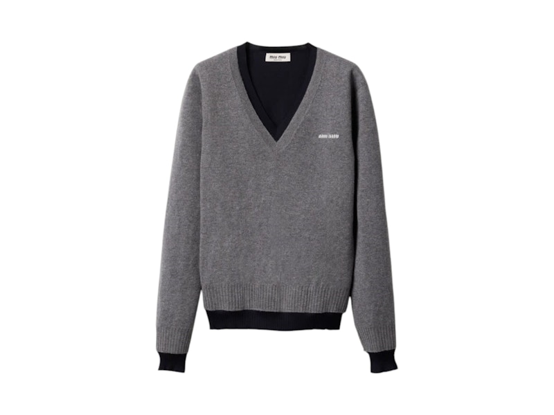 新発売の Miu Miu US - Blu Grigio Sweater V-Neck Cashmere Silk ニット/セーター