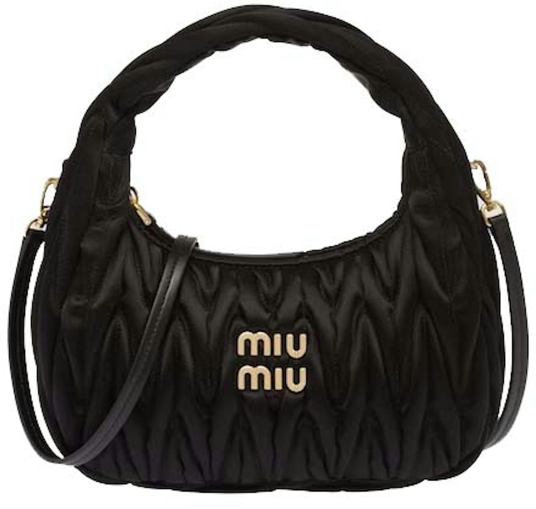 Miu Miu Wander Matelasse Satin Mini Hobo Bag Black in Fabric with Gold-tone  - US