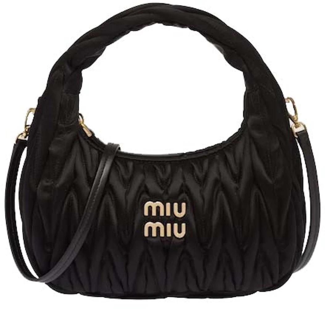 Miu Miu Wander Matelasse Satin Mini Hobo Bag Black in Fabric with Gold ...