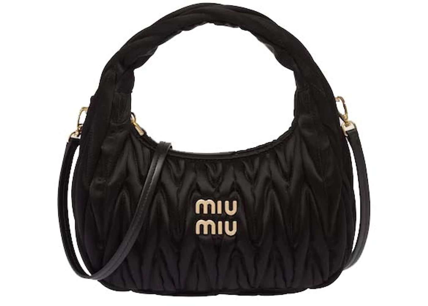 Miu Miu Wander Matelasse Satin Mini Hobo Bag Black in Fabric with Gold ...