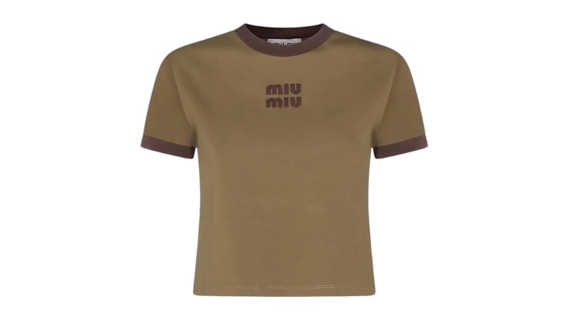 Miu Miu Women's Cropped Jersey T-shirt Military Green/Brown - SS26