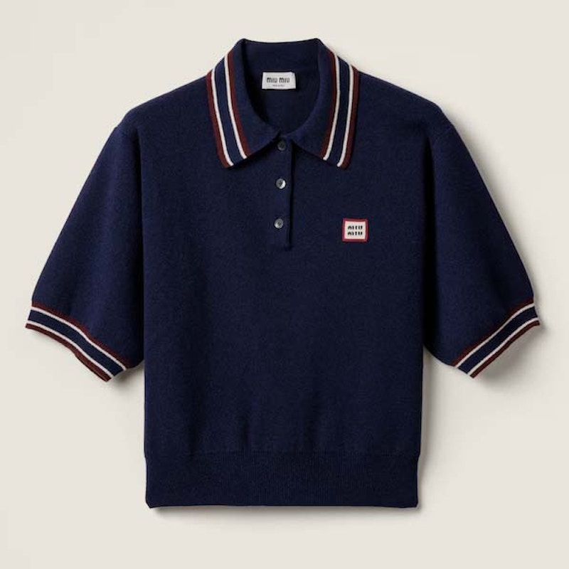 Pre-owned Miu Miu Women's Wool And Cashmere Polo Shirt Sweater In Navy Blue