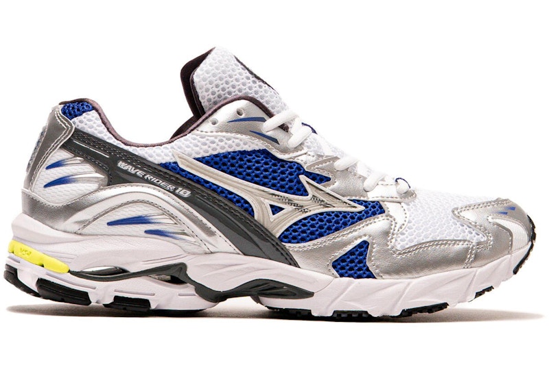 Pre-owned Mizuno Men's Wave Rider Sneakers In White/silver/surf The Web In Multi