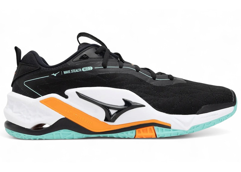 Men's Mizuno Wave Stealth Neo 2 Sneakers in Black/Tangelo/Ice Green