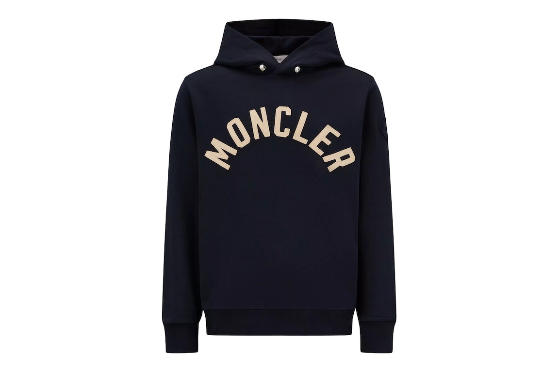 Pre-owned Moncler Curved Logo Plush Cotton Hoodie Night Blue