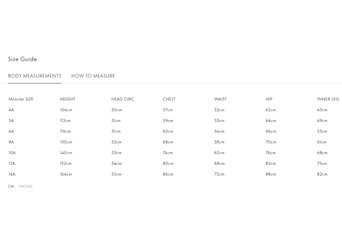 Moncler kids deals size chart