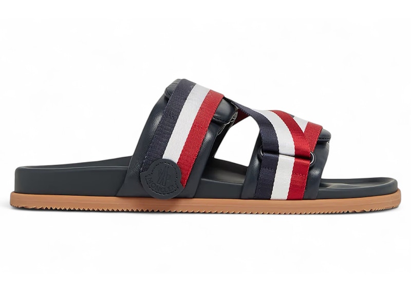 Pre-owned Moncler Men's Mon Summer Leather Slides Red White Gum Sneakers In Navy Blue