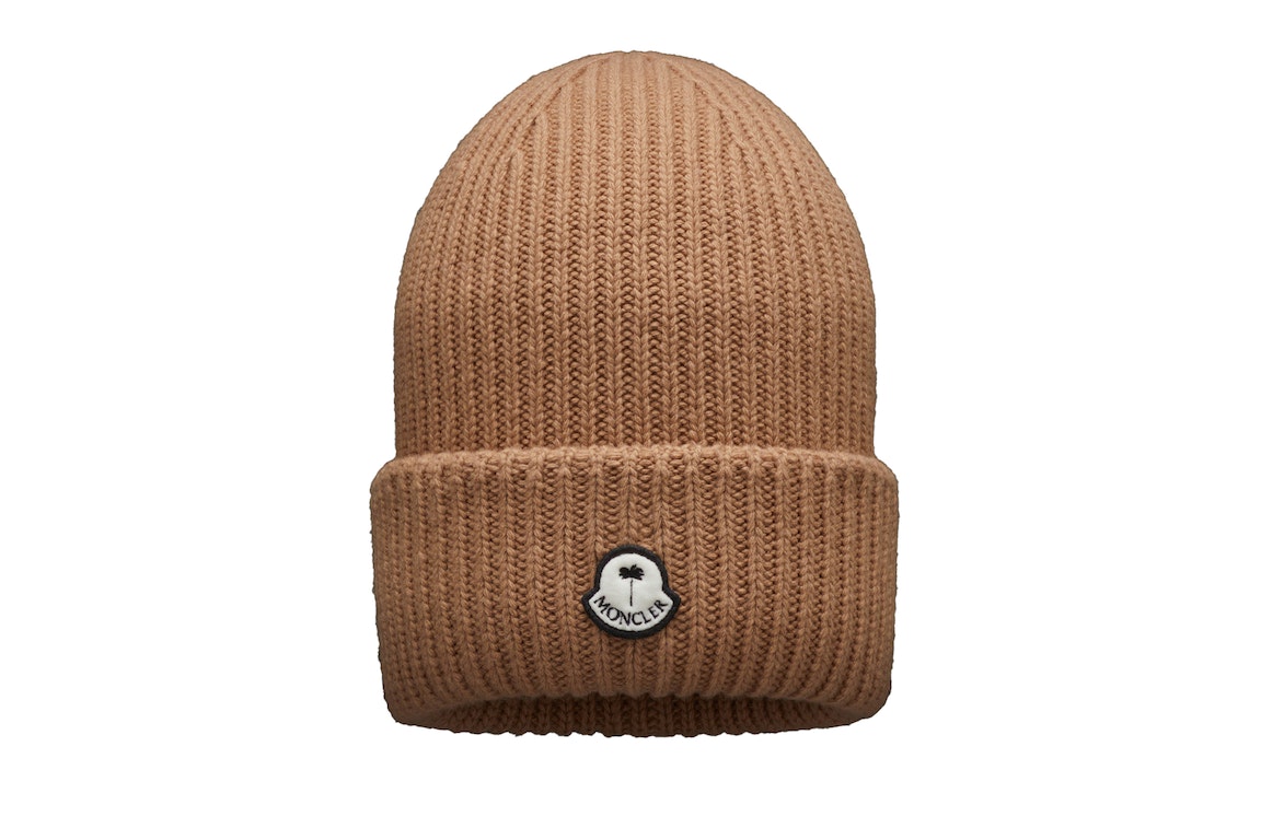 Pre-owned Moncler X Palm Angels Patched Ribbed Beanie Camel