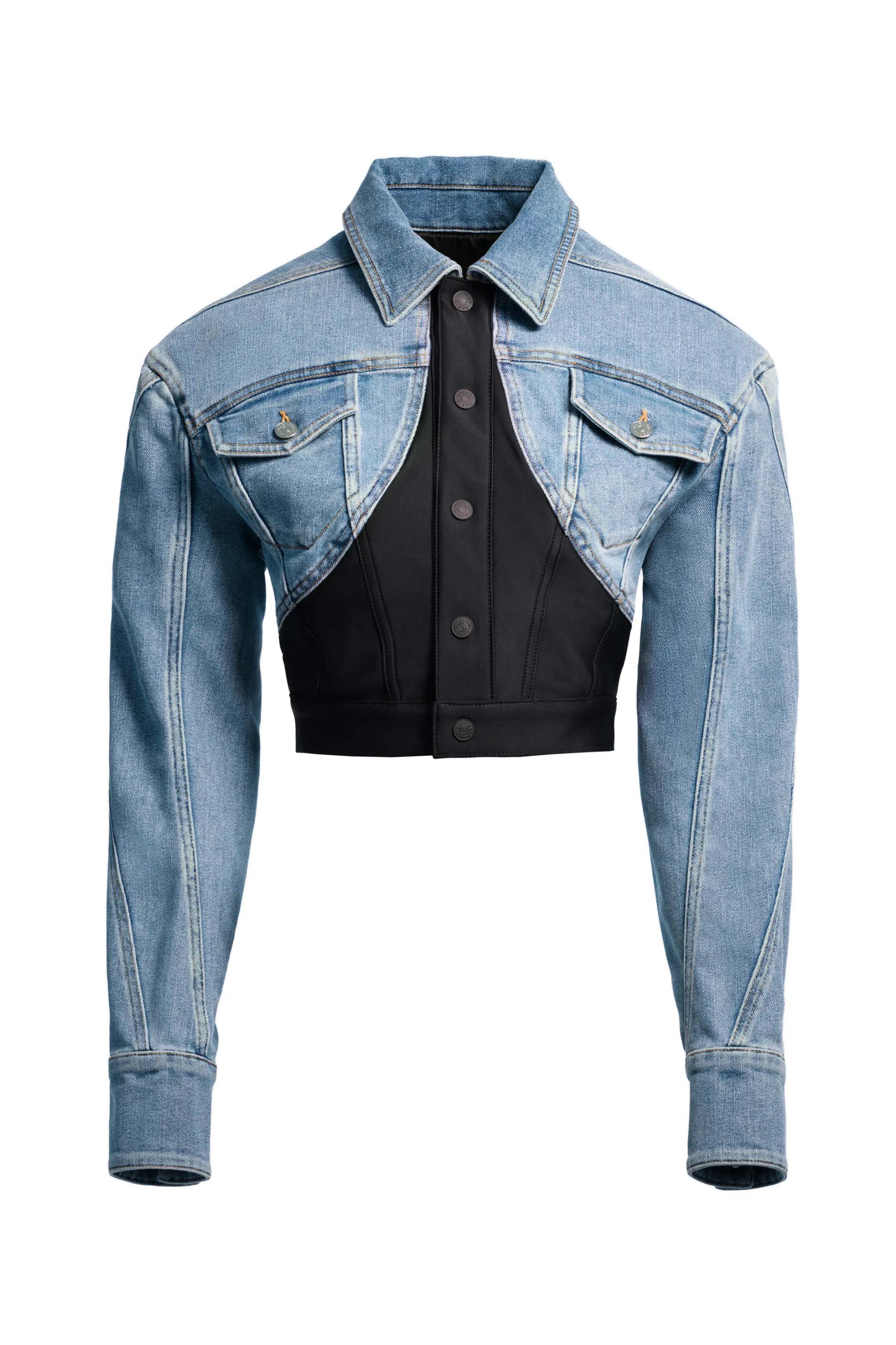Mugler H&M Defined-Waist Denim Crop Jacket Light Denim Blue/Black 