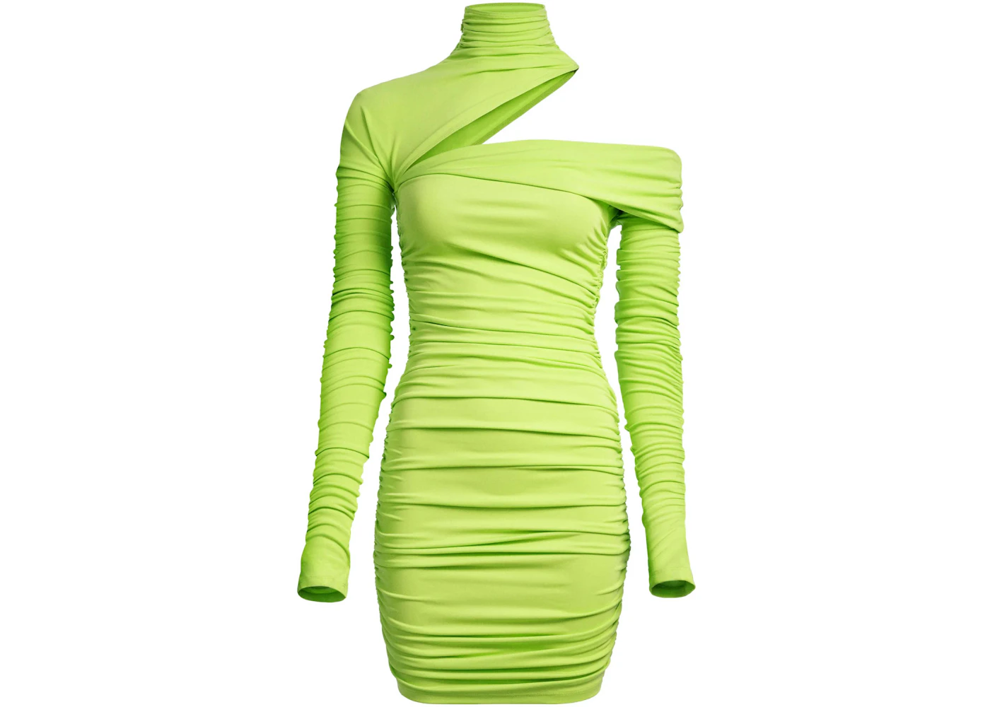 Mugler H&M Gathered One-Shoulder Mini Dress Acid Green - SS23 - US Mugler H&M Gathered One-Shoulder Mini Dress Acid Green - SS23 - US