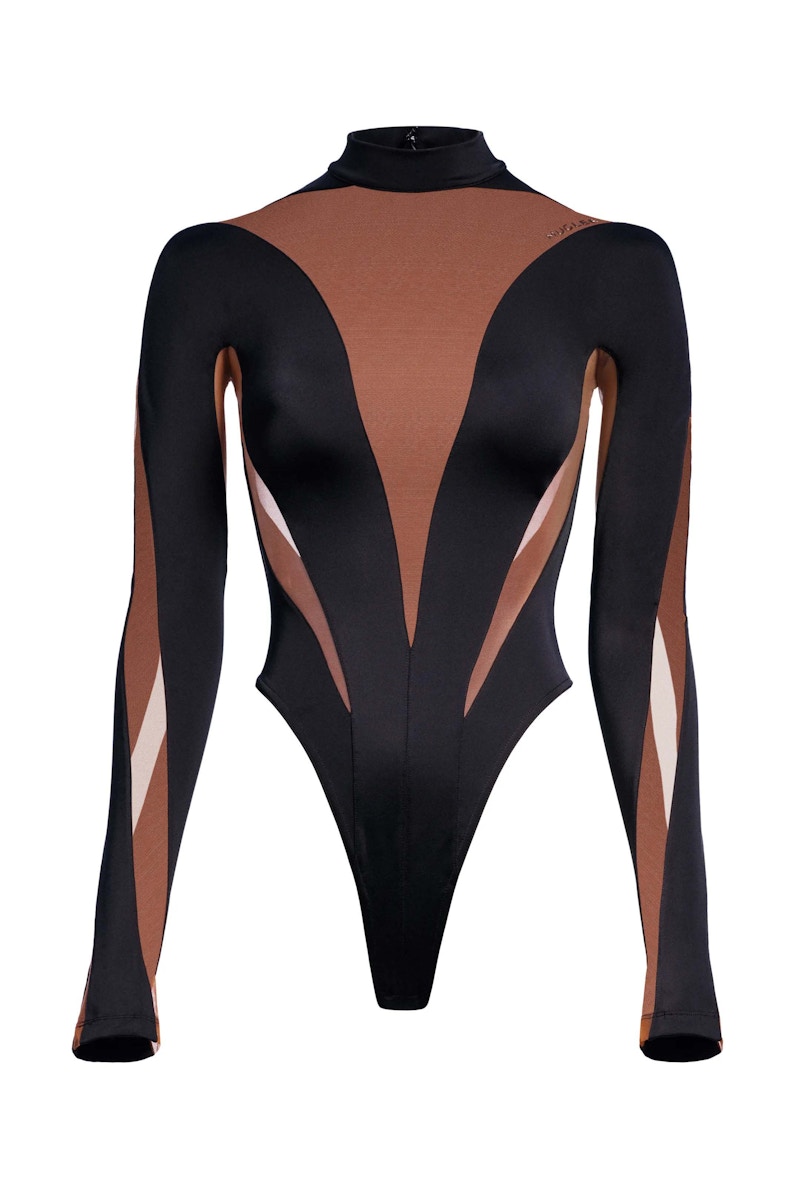 Mugler H M Mesh Paneled Bodysuit Dark Brown Black SS23 US