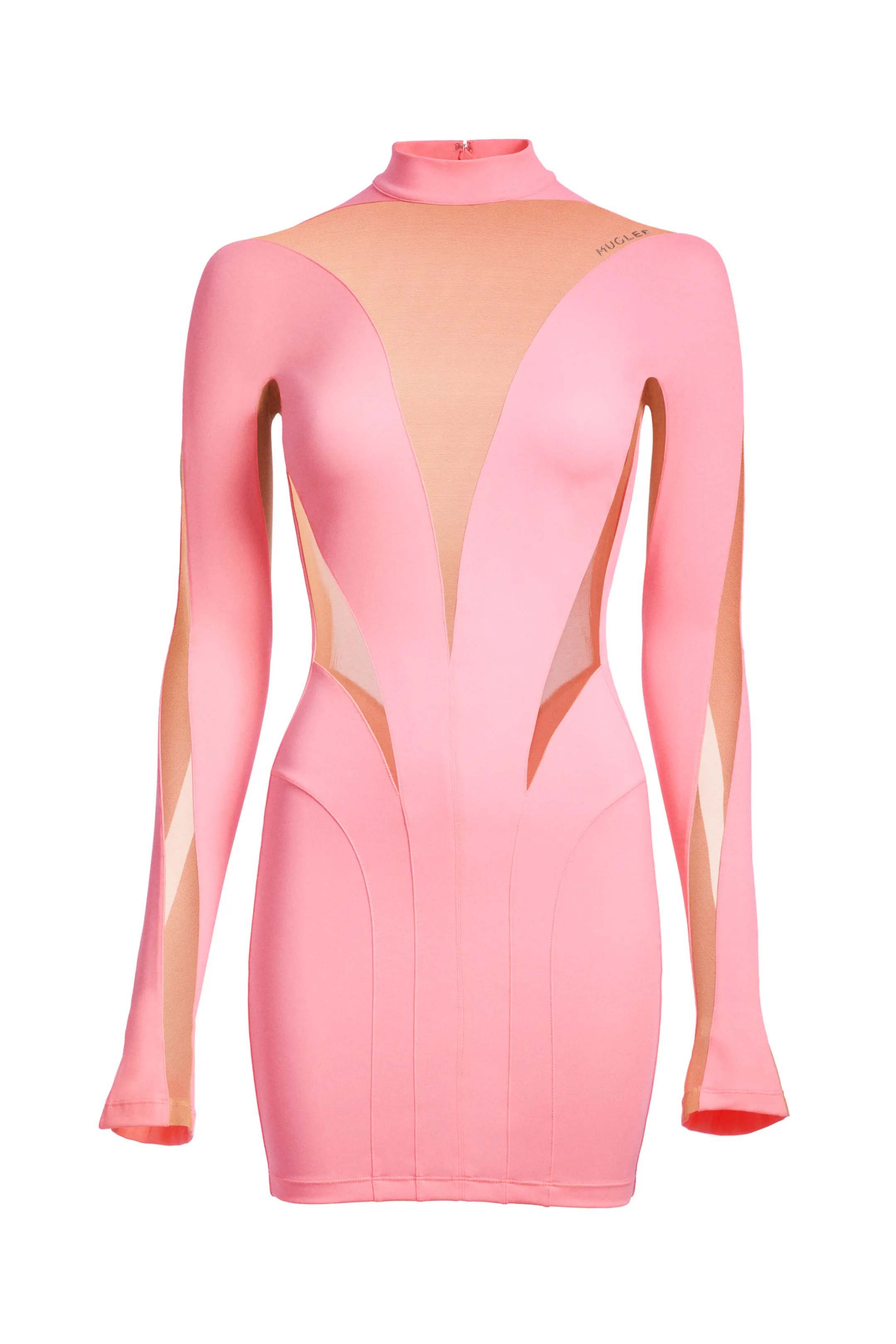 Mugler H&M Mesh-Paneled Mini Dress Pink/Beige