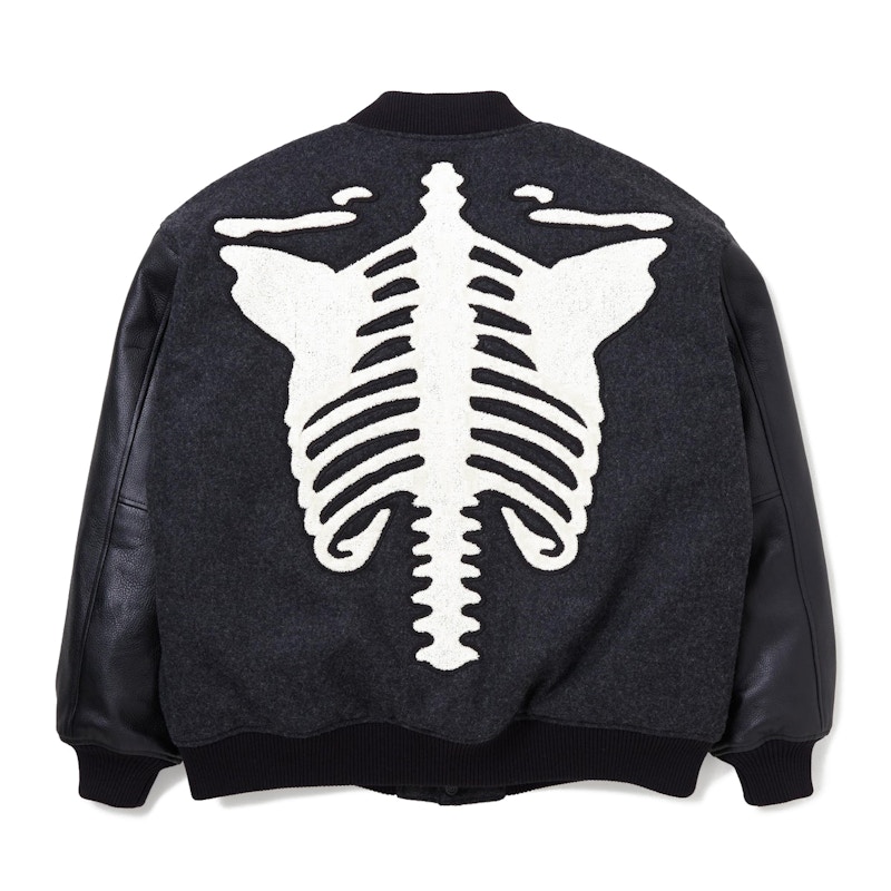 Neighborhood Skeleton Motif Embroidery Stadium Jacket Black