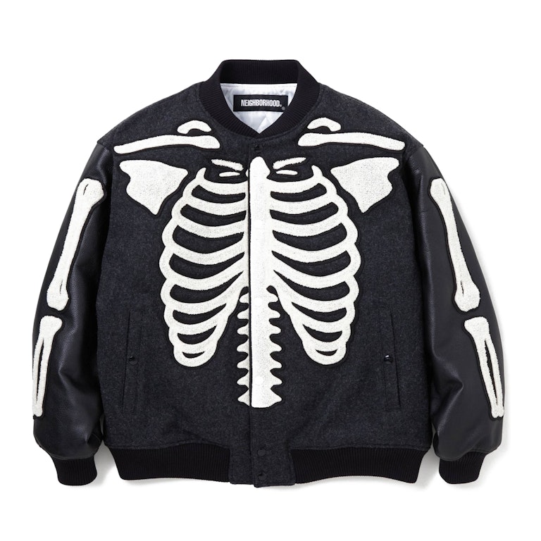 Pre-owned Neighborhood Skeleton Motif Embroidery Stadium Jacket Black