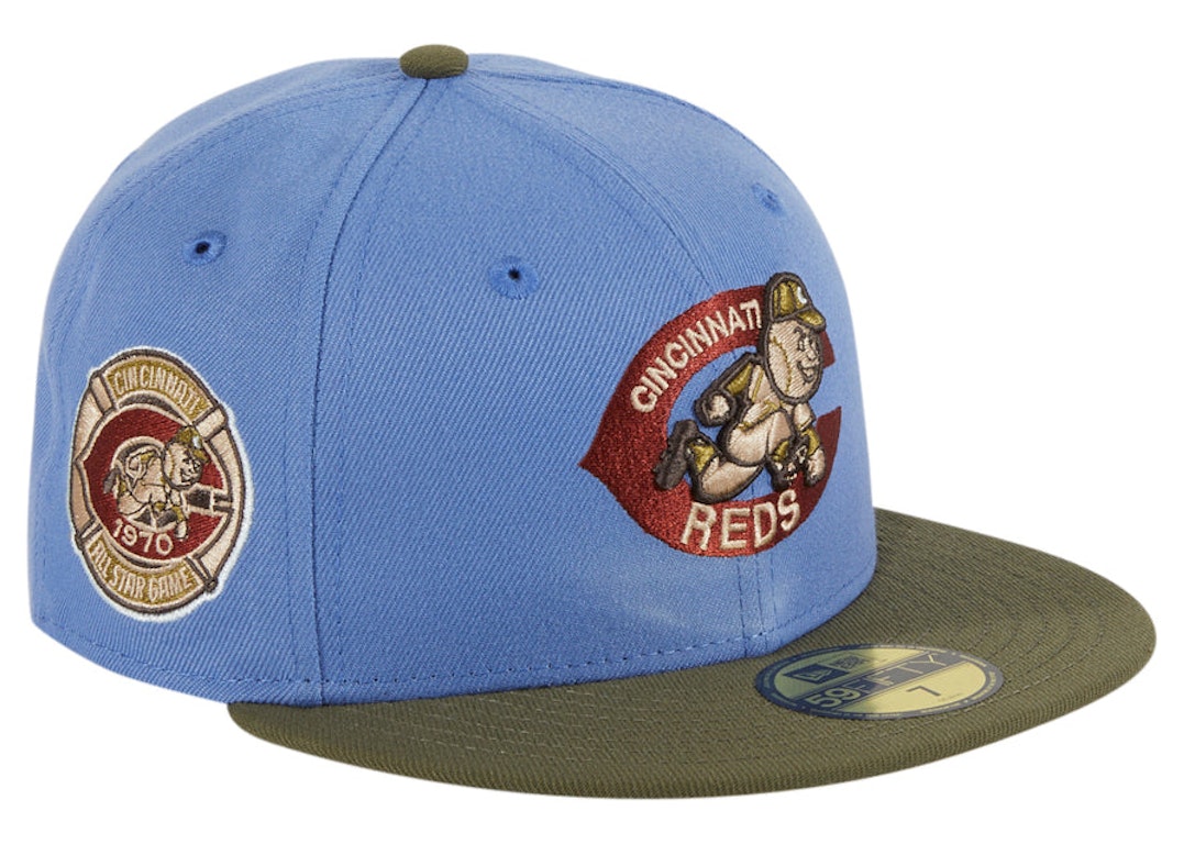 Pre-owned New Era Cincinnati Reds Great Outdoors 1970 All Star Game Patch Hat Club Exclusive 59fifty Fitted Ha In Indigo/olive