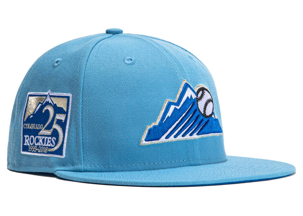 New Era Colorado Rockies Beer Pack 20th Anniversary Patch Mountain Hat Club Exclusive 59Fifty Fitted Hat Gray/Light Blue