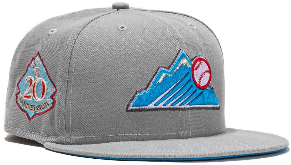 New Era Colorado Rockies Beer Pack 20th Anniversary Patch Mountain Hat Club Exclusive 59FIFTY Fitted Hat Gray/Light Blue
