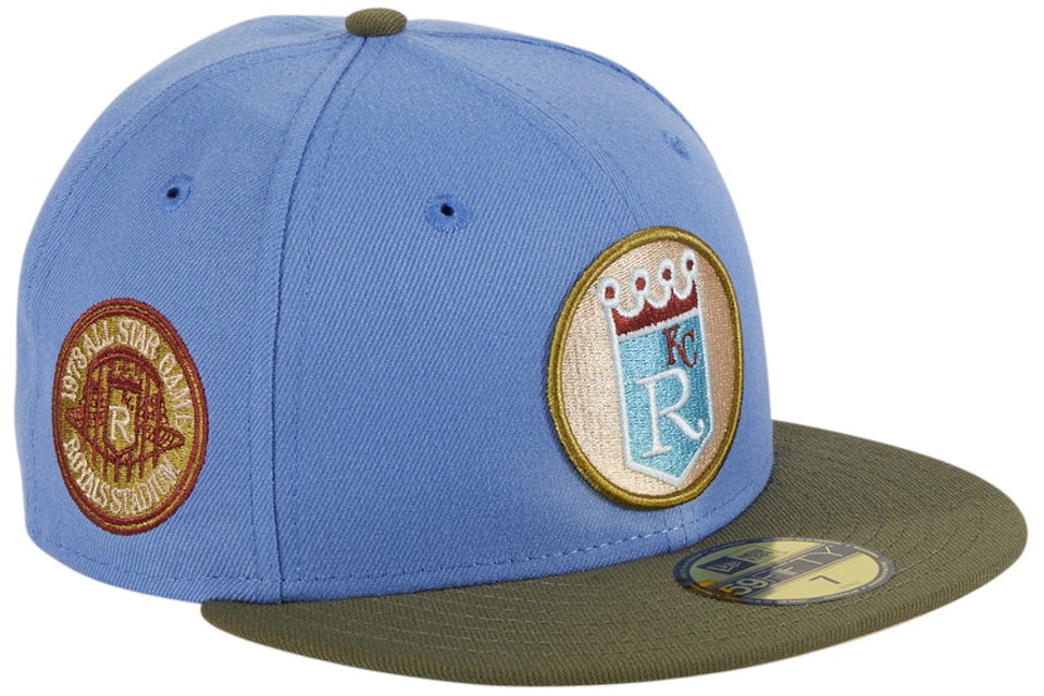 New Era Kansas City Royals Great Outdoors 1973 All Star Game Patch Hat Club  Exclusive 59Fifty Fitted Hat Indigo/Olive Men's - SS22 - GB