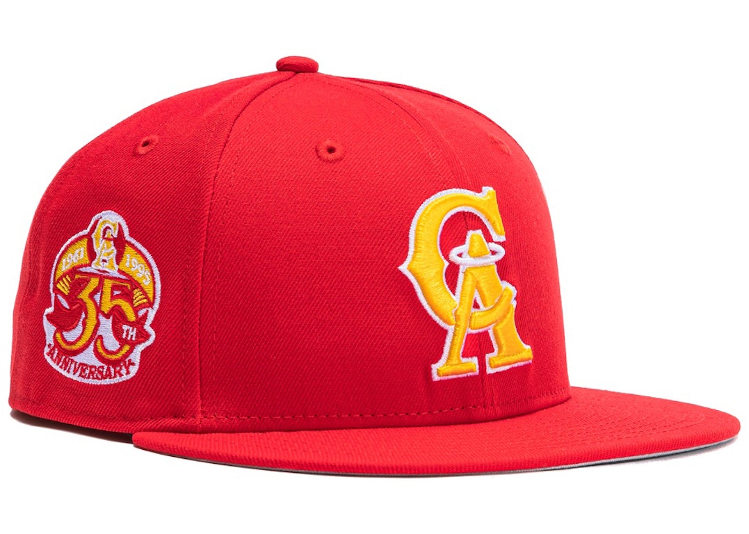 Pre-owned New Era Los Angeles Angels Burger Pack 35th Anniversary Patch Hat Club Exclusive 59fifty Fitted Hat  In Red/gold