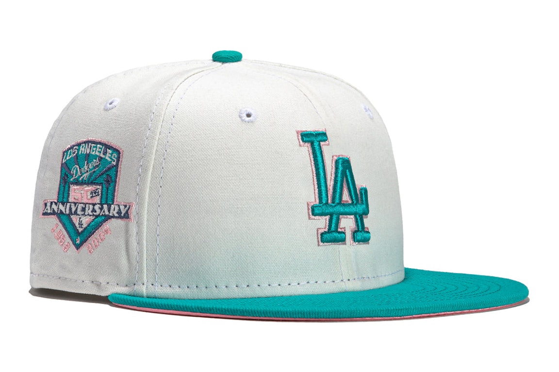 Pre-owned New Era Los Angeles Dodgers Monaco 50th Anniversary Patch Hat Club Exclusive 59fifty Fitted Hat Ston In Stone/peach