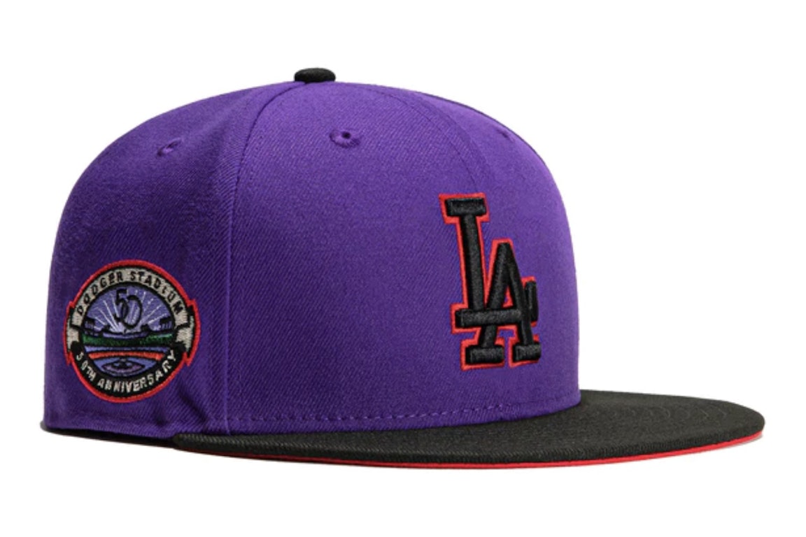 Pre-owned New Era Los Angeles Dodgers T-dot 50th Anniversary Stadium Patch Hat Club Exclusive 59fifty Fitted H In Purple/black
