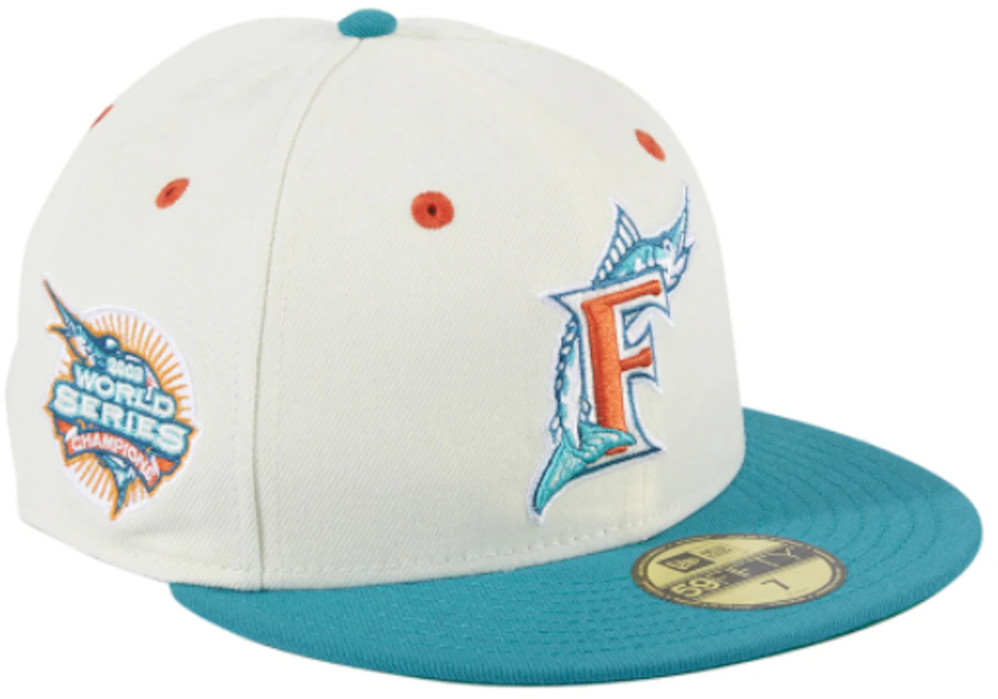 Miami Marlins Hat Cap Fitted Mens 7 7/8 Orange White New Era Baseball Men
