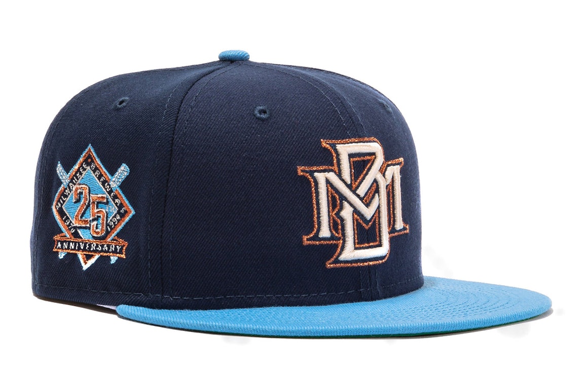 Pre-owned New Era Milwaukee Brewers Beer Pack 25th Anniversary Patch 1994 Hat Club Exclusive 59fifty Fitted Ha In Navy/light Blue