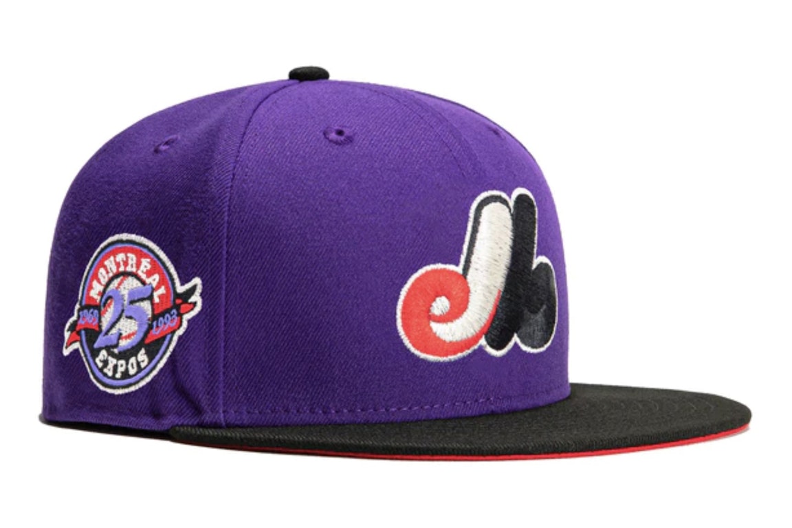 Pre-owned New Era Montreal Expos T-dot 25th Anniversary Patch Hat Club Exclusive 59fifty Fitted Hat Purple/bla In Purple/black