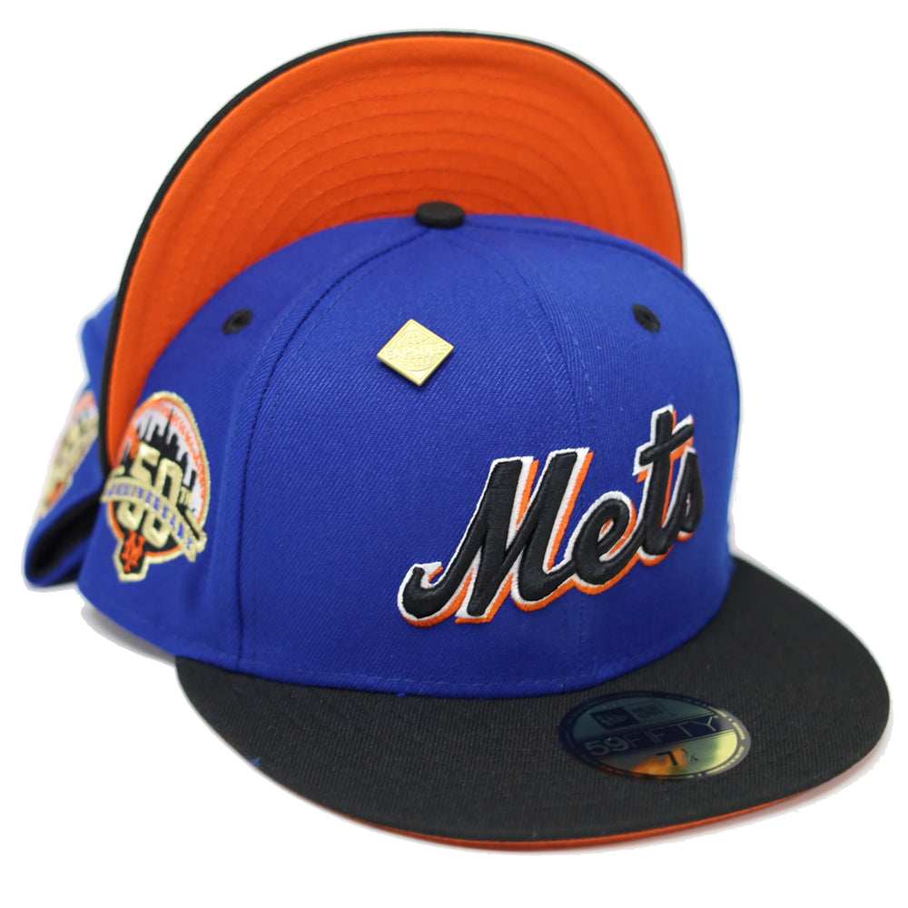 New Era New York Mets 50th Anniversary Patch Capsule Hats Exclusive 59Fifty  Fitted Hat Blue/Orange