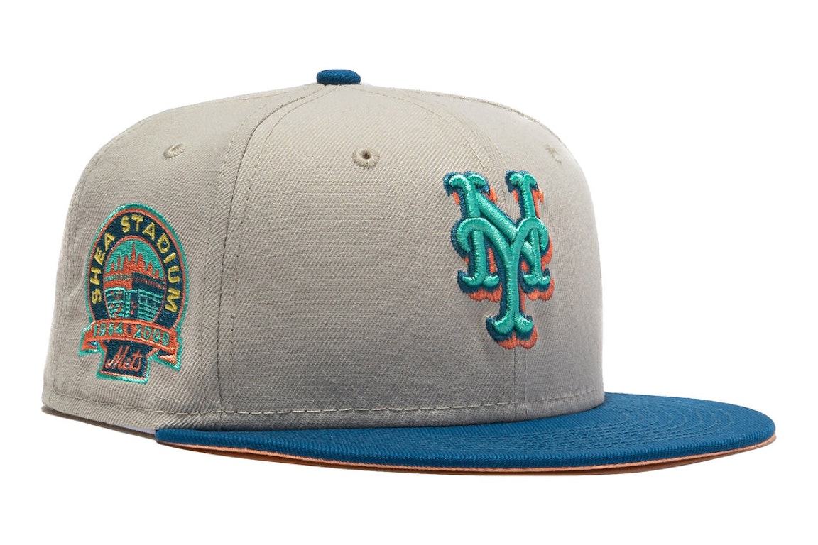Pre-owned New Era New York Mets Ocean Drive Shea Stadium Patch Hat Club Exclusive 59fifty Fitted Hat Stone/ind In Stone/indigo/peach