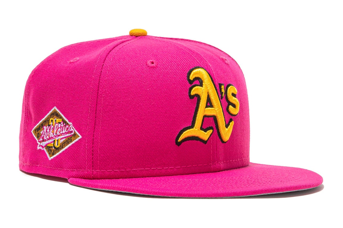 Pre-owned New Era Oakland Athletics Beer Pack 25th Anniversary Patch Hat Club Exclusive 59fifty Fitted Hat Mag In Magenta/yellow