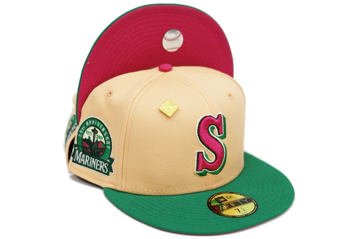 Pre-owned New Era Seattle Mariners 30th Anniversary Patch Capsule Hats 59fifty Fitted Hat Peach/red
