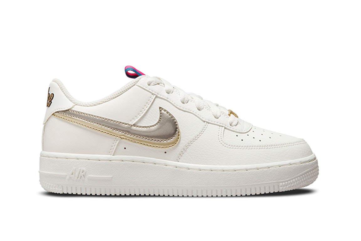 Pre-owned Nike Air Force 1 Lv8 Double Swoosh Silver Gold (gs) In Off-noir/summit White/pink Prime
